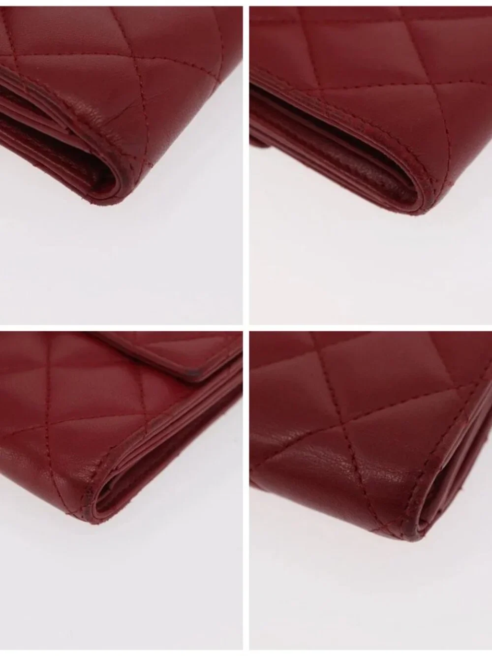 CHANEL Matelasse Compact Wallet Lamb Skin Red Silver CC Auth 179886A